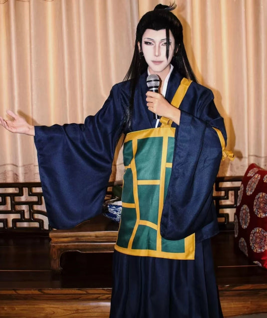 Disfraz de cosplay de Geto Suguru de Jujutsu Kaisen – Uniforme escolar kimono negro y azul con peluca, atuendo de anime para Halloween, convenciones y juegos de rol
