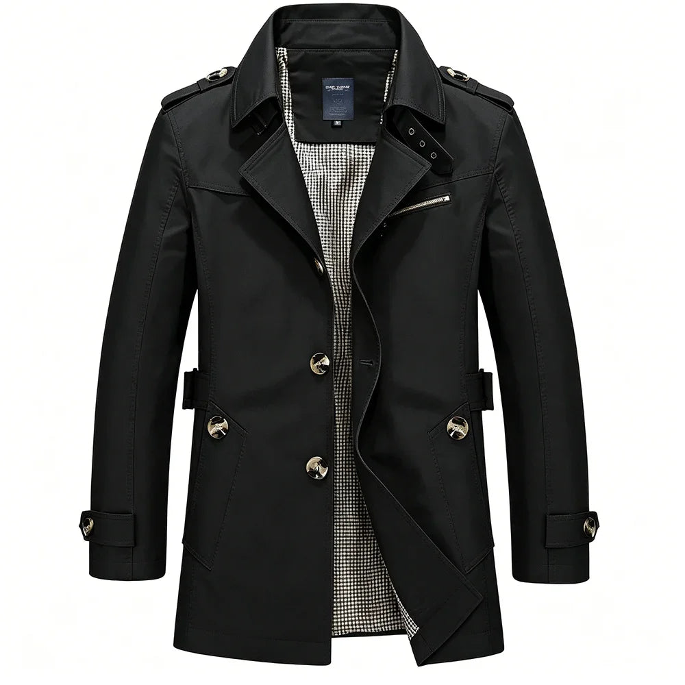 Men’s Mid-Length Trench Coat – Slim-Fit Business Casual Overcoat with Lapel Collar & Metal Buttons, Stylish Windbreaker for Commuting