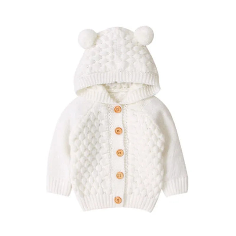 Baby Knitted Hooded Sweater Coat 0-24 Months, Unisex Infant Thermal Long Sleeve Solid Color Sweater for Boys and Girls