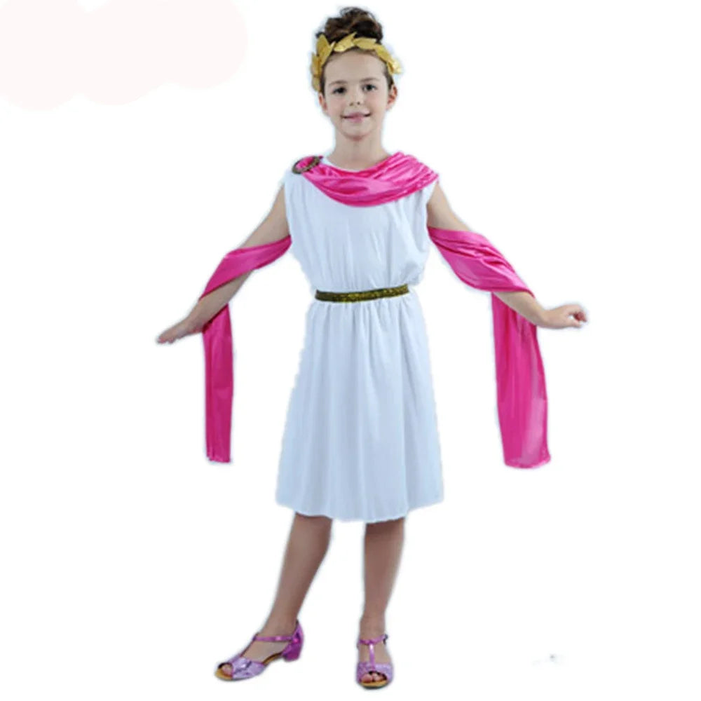 Kids Grecian Toga Cosplay Costume Set – Roman Greek Goddess Outfit for Boys & Girls, Halloween, Purim, Mardi Gras & Party Fancy Dress