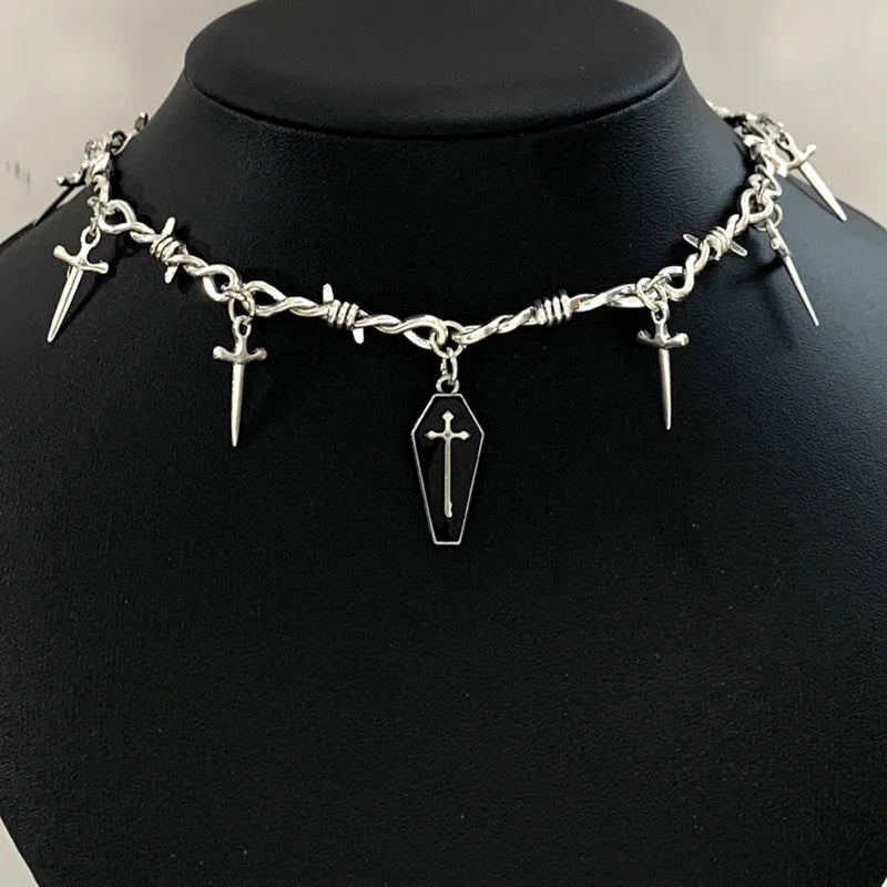 Gothic Bloody Coffin Pendant Choker Necklace – Oil-Drop Vampire Little Thorns Chain, Punk Hip Hop Y2K Jewelry & Alternative Gift