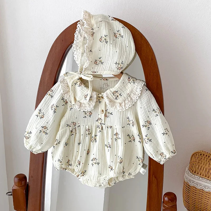 Conjunto de 2 piezas de pelele floral con sombrero para bebé, mameluco con solapa para recién nacida, conjunto de primavera