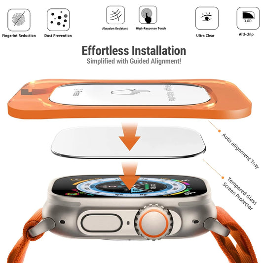 Protector de pantalla de cristal templado para Apple Watch Ultra 49 mm (Ultra 1/2/3) – Película protectora HD resistente a los arañazos con herramienta de instalación de alineación