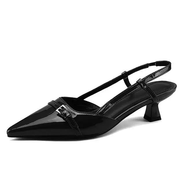 Zapatos de tacón slingback de charol para mujer – Zapatos de vestir de tacón medio con hebilla y punta fina, elegantes sandalias de verano sin cordones