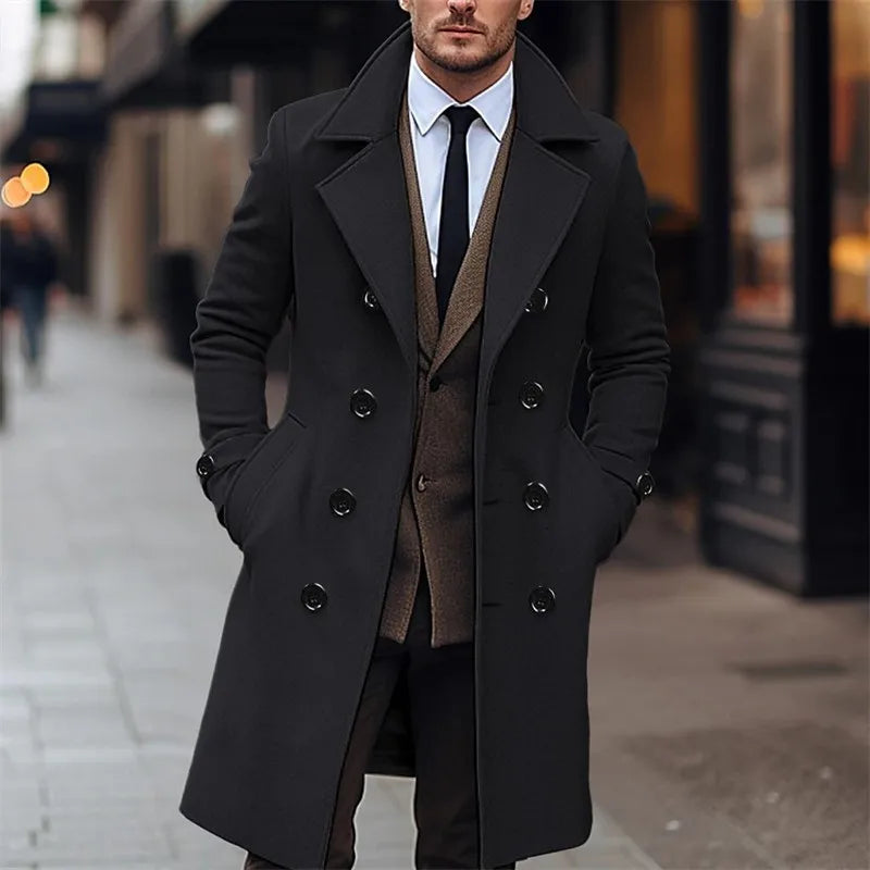 Men’s Long Wool-Blend Trench Coat – Double-Breasted Business Casual Overcoat, Classic English-Style Outerwear for Autumn & Winter