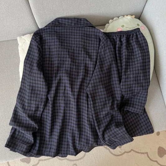 Pijama de 2 piezas a cuadros con bordado de perro para mujer - Estilo coreano, suave, de manga larga, ropa de dormir y de estar para otoño