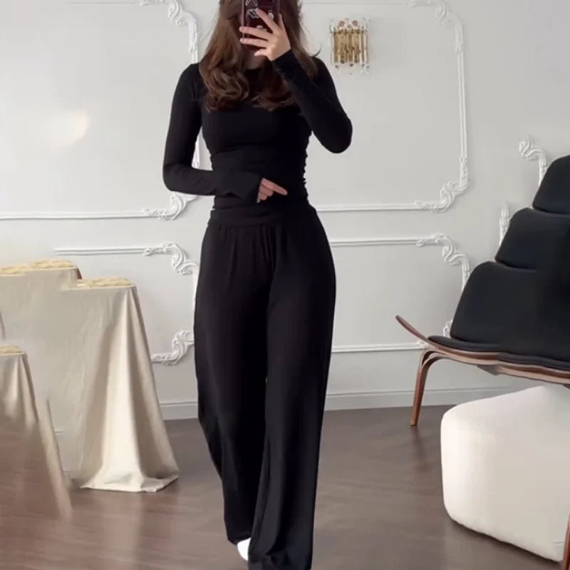 Ensemble deux pièces pour femme, comprenant un haut à col rond et manches longues et un pantalon taille élastique, décontracté pour l'automne