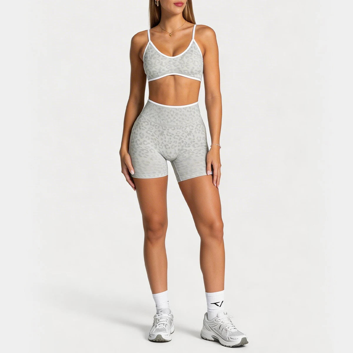 Women's Leopard Print 2-Piece Yoga Set – High-Waist Biker Shorts & Adjustable-Strap Sports Bra for Gym, Workout, Yoga & Activewear