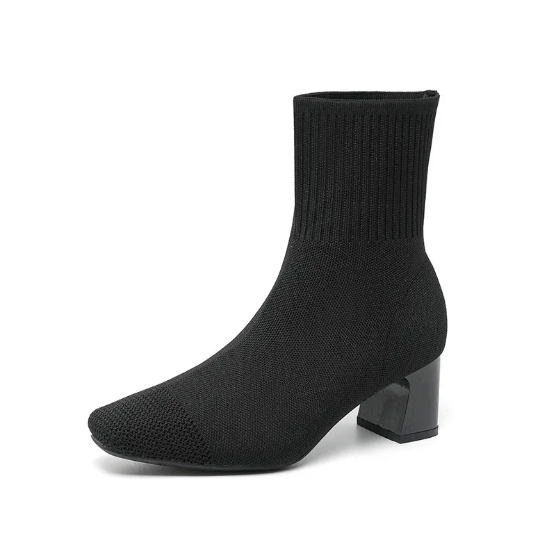 Women's Knitted Sock Boots – Pointed Toe High Heel Mid-Calf Boots, Stretch Fabric Slip-On Design for Spring & Autumn, Plus Size 43