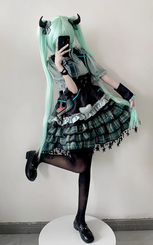 Robe de cosplay Miku la chanteuse virtuelle – Tenue de scène Lolita Kawaii (Ensemble complet de costume d'Halloween pour femme)