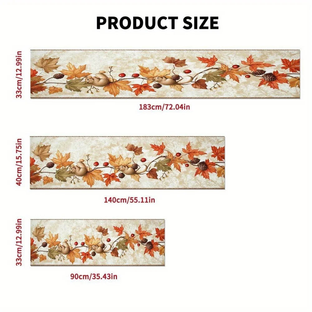 1PC Autumn Squirrel & Maple Leaf Table Runner – Cozy Fall Farmhouse Decor for Thanksgiving, Dining Tables & Holiday Gatherings