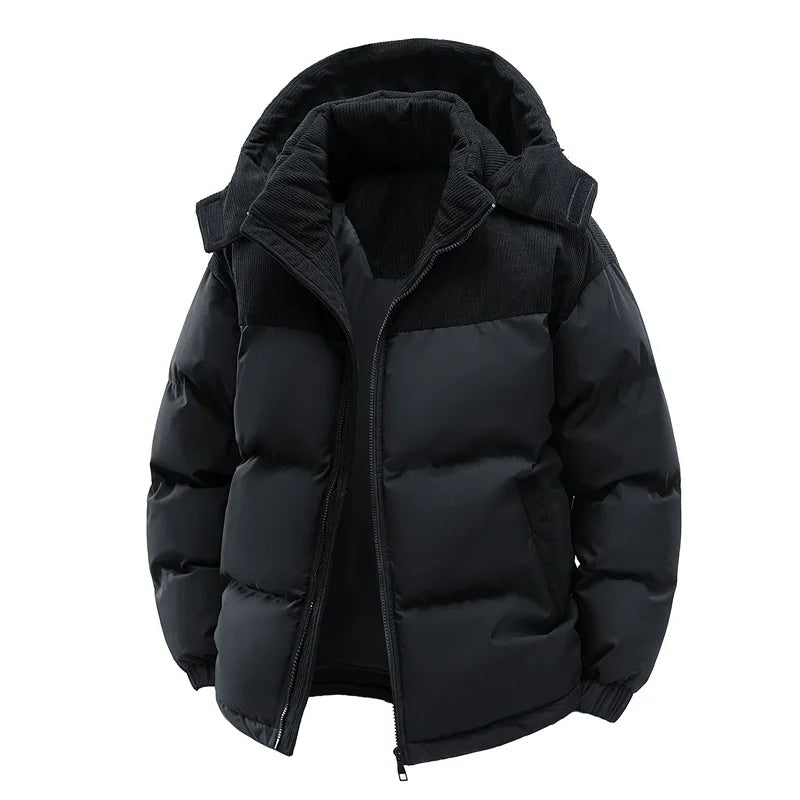 Men’s Hooded Winter Parka – Thick Fleece-Lined Cotton Jacket with Front Zipper, Warm Casual Coat for Cold Weather