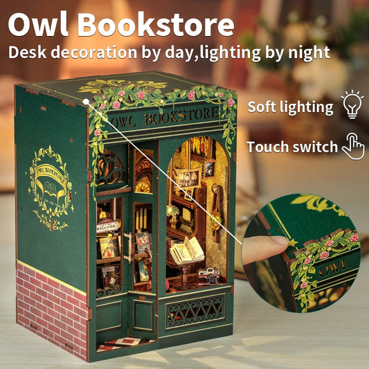 CUTEBEE Kit DIY de Rincón de Libro con Luces LED – Modelo de Estantería en Miniatura de Madera de Búho y Decoración