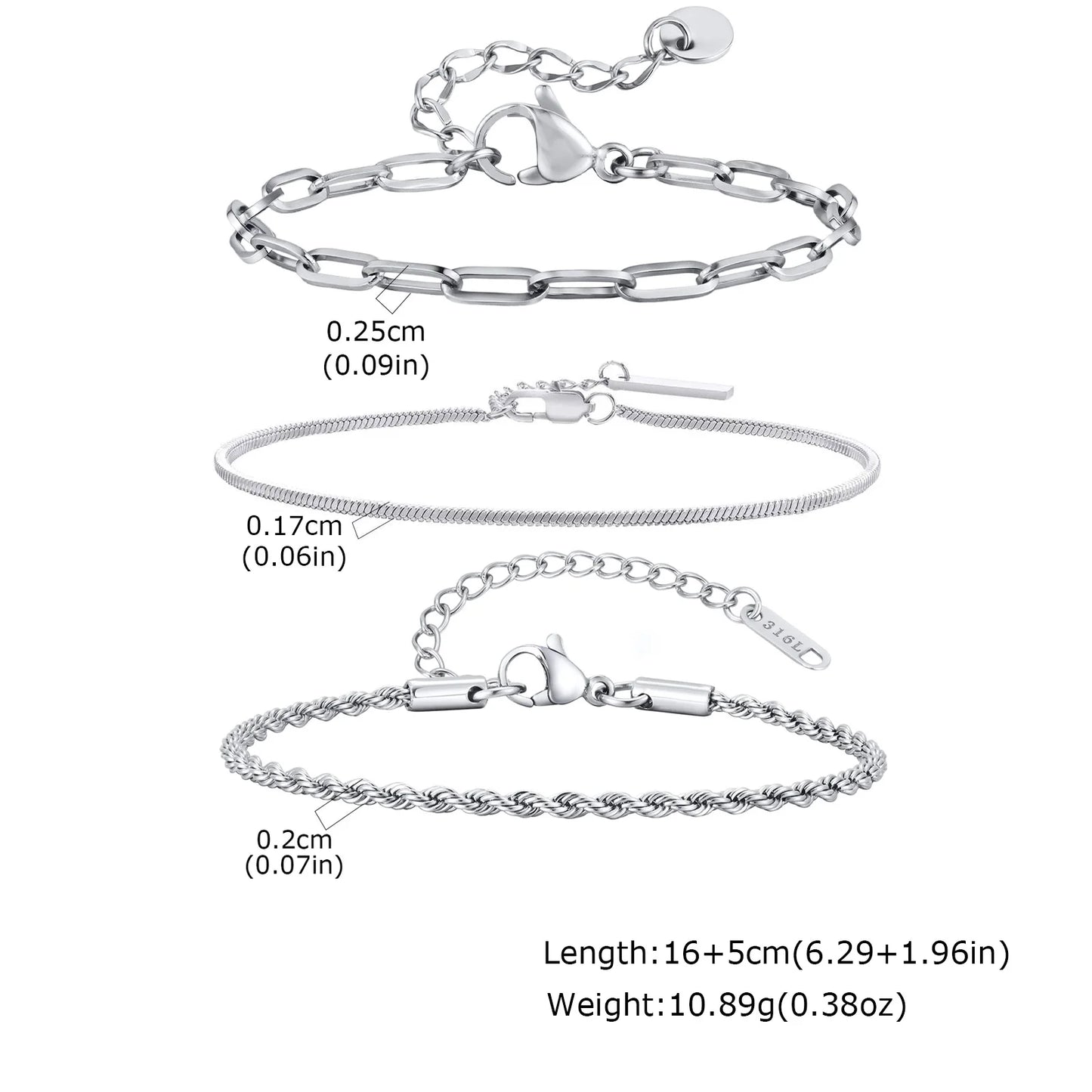 3-Piece Silver Twist Chain Bracelet Set – Never Fade Thin Chain Wristband for Men | Punk Fashion Jewelry Gift for Husband, Father & Son
