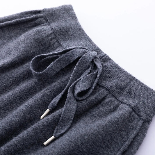 Pantalones de cachemir 100 % pura lana para mujer, de punto, sueltos, de cintura alta, con puños, para otoño e invierno, de corte recto y ajustado