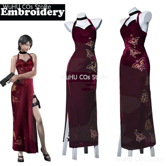 Costume de Cosplay Ada Wong Resident Evil 4 | Robe Cheongsam Rouge Brodé avec Perruque | Tenue de Jeu de Rôle Anime & Carnaval d'Halloween pour Femmes