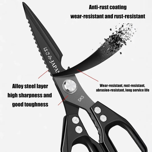 Tijeras de Cocina Multifunción – Tijeras de Uso Rudo para Alimentos con Cortahuesos, Raspador de Escamas de Pescado y Abrebotellas