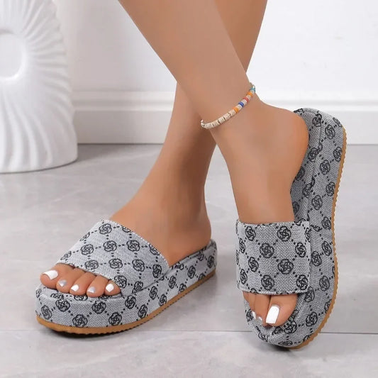 Sandalias de plataforma deslizantes para mujer – Zapatillas de playa planas florales, cómodas zapatillas de verano para exteriores para mujer