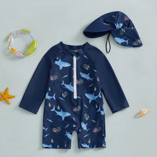 Kids Shark Print Rash Guard Swimwear Set – Long Sleeve Half Zip-Up Bathing Suit with Sun Hat, 2-Piece Toddler Boys’ Swimsuit for 0-5 Years, UV Protective Beachwear for Pool, Swimming & Summer Activities