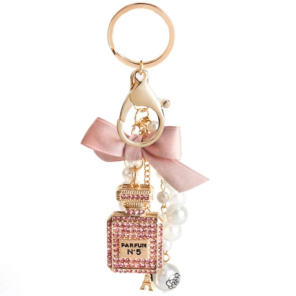 Imitation Pearl Perfume Bottle Keychain – Cute Bow Car Key Ring & Fashion Bag Charm Accessory for Women and Girls