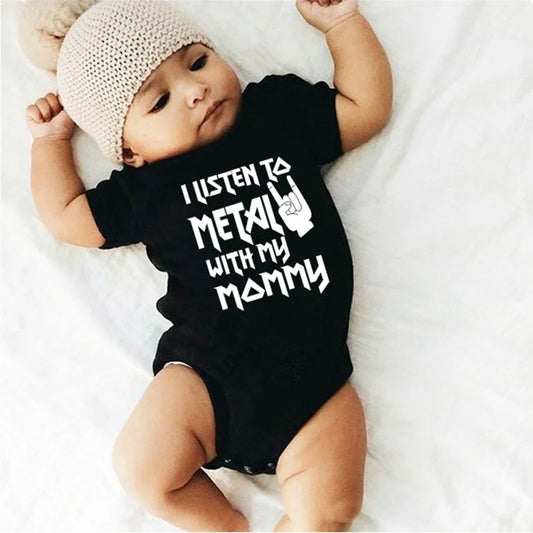 Funny Newborn Baby Metal Music Bodysuit – “I Listen to Metal with My Daddy and Mommy” Short-Sleeve Romper for Baby Boys & Girls