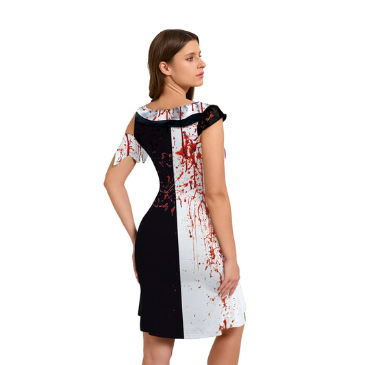 Women’s Halloween Clown Dress – Terrifier 3-Inspired Horror Cosplay Costume with Bloody 3D Print Design for Parties, Carnival & Fancy Dress