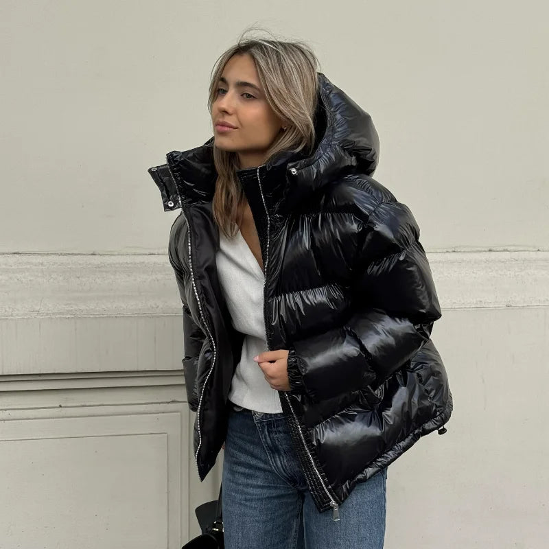 Women’s Glossy Hooded Winter Jacket – Zip-Up Short Cotton-Padded Coat with Elastic Waist & Pleated Design, High-Street Outerwear