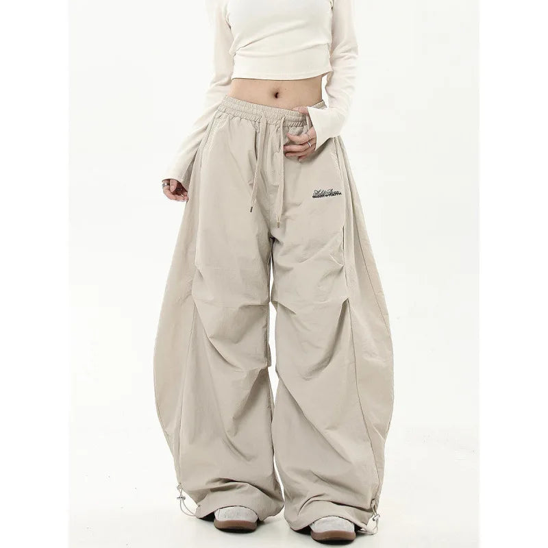 American Retro Hip-Hop Cargo Pants – High-Waist Pleated Military Workwear Trousers with Adjustable Drawstring