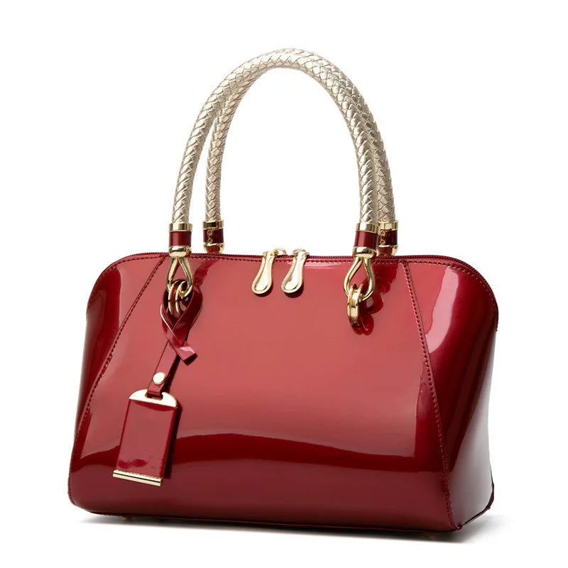 Women's Luxury Shiny Leather Boston Bag – Elegant Top-Handle Handbag in Blue, Red, Black, Beige & Pink, Fashion Shoulder Purse