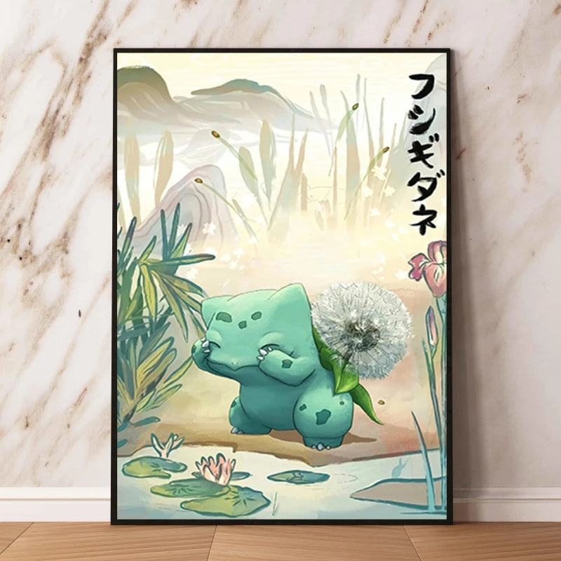 Japanese Anime Pokémon Canvas Wall Art – Pikachu, Charmander & Eevee Watercolor Poster Print Home Decor