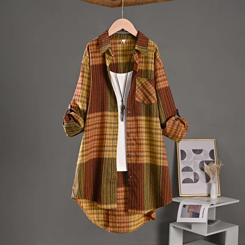 Women's Plaid Linen Shirt – Loose Retro Short-Front Long-Back Cardigan Cover-Up for Spring & Autumn