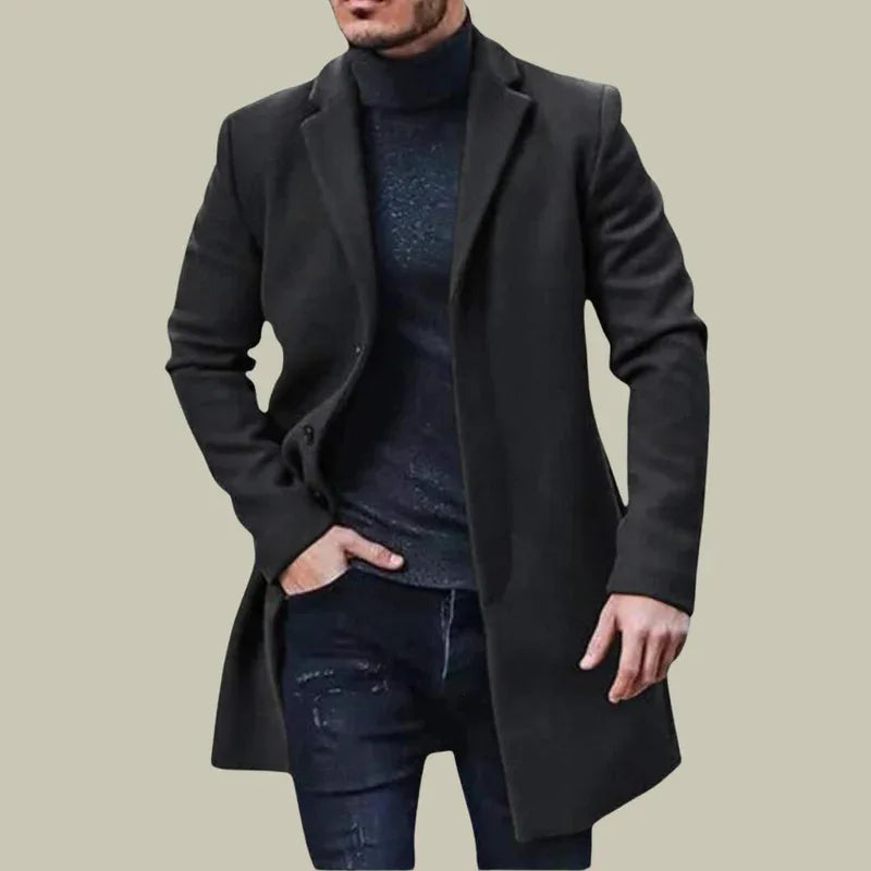 Men’s Mid-Length Woolen Overcoat – Solid Color Warm Coat, Classic Windbreaker-Style Outerwear Available in Multiple Colors
