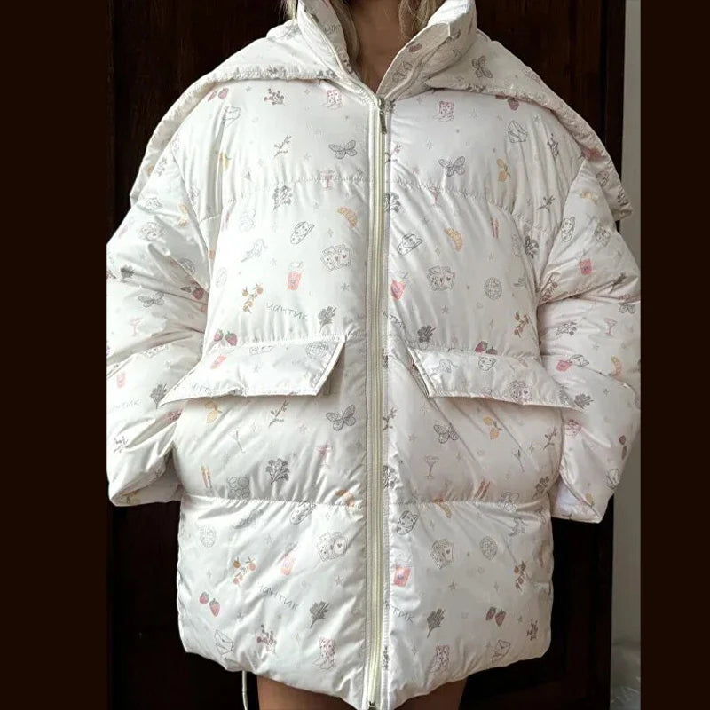 Women’s Winter Printed Coat & Pants 2-Piece Set – Warm Stand Neck Hooded Cotton Jacket with High-Waisted Pants, Chic Casual Outfit