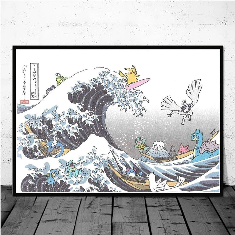 Pokémon Pikachu Great Wave of Kanagawa Canvas Wall Art – Anime Comic Poster Home Decor