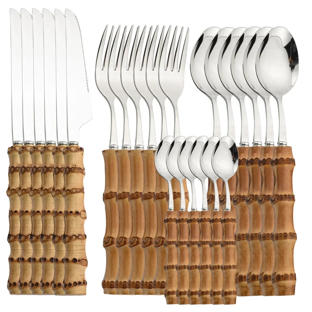Ensemble de couverts 24 pièces avec manche en bambou – Ensemble de couverts en acier inoxydable avec manches en bois naturel, ustensiles de table pour cuisine, salle à manger, steak et dressages de table