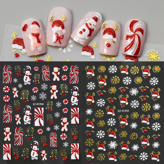 Pegatinas de Navidad para uñas – Copo de nieve de purpurina roja, alce y muñeco de nieve, autoadhesivas para manicura festiva (1–12 unidades)