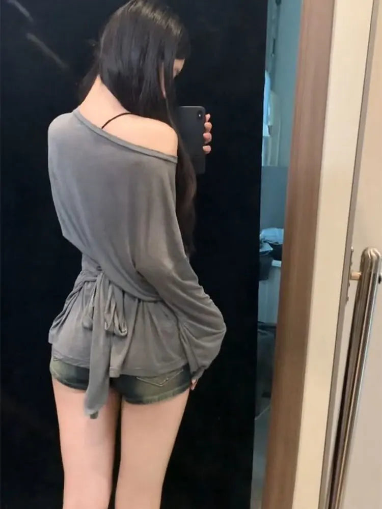 Women’s See Through Long Sleeve Oversize T-Shirt Sexy Back Bandage Off Shoulder Basic Long Tee Korean Chic