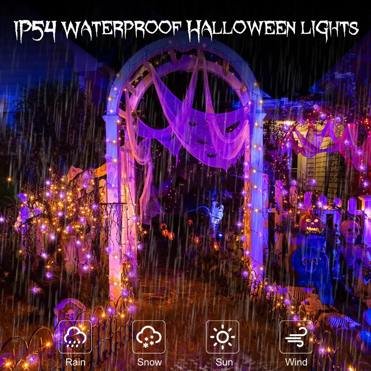 10–120M Halloween Purple & Orange Fairy String Lights – 8-Mode Black Wire LED Lights for Outdoor Christmas, Street, Garden & Party Decor