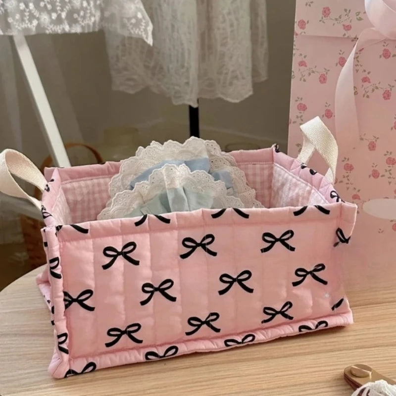 Cute Quilted Lace Storage Basket – Korean Desktop Organizer Bin for Cosmetics, Toys, Sundries & Home Décor