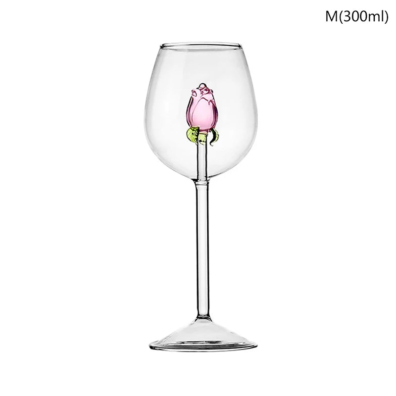 3D Pink Glass Rose Wine Glass Goblet, Red White Wine Cup, Champagne Flute Drinkware, Romantic Valentine’s Day Gift