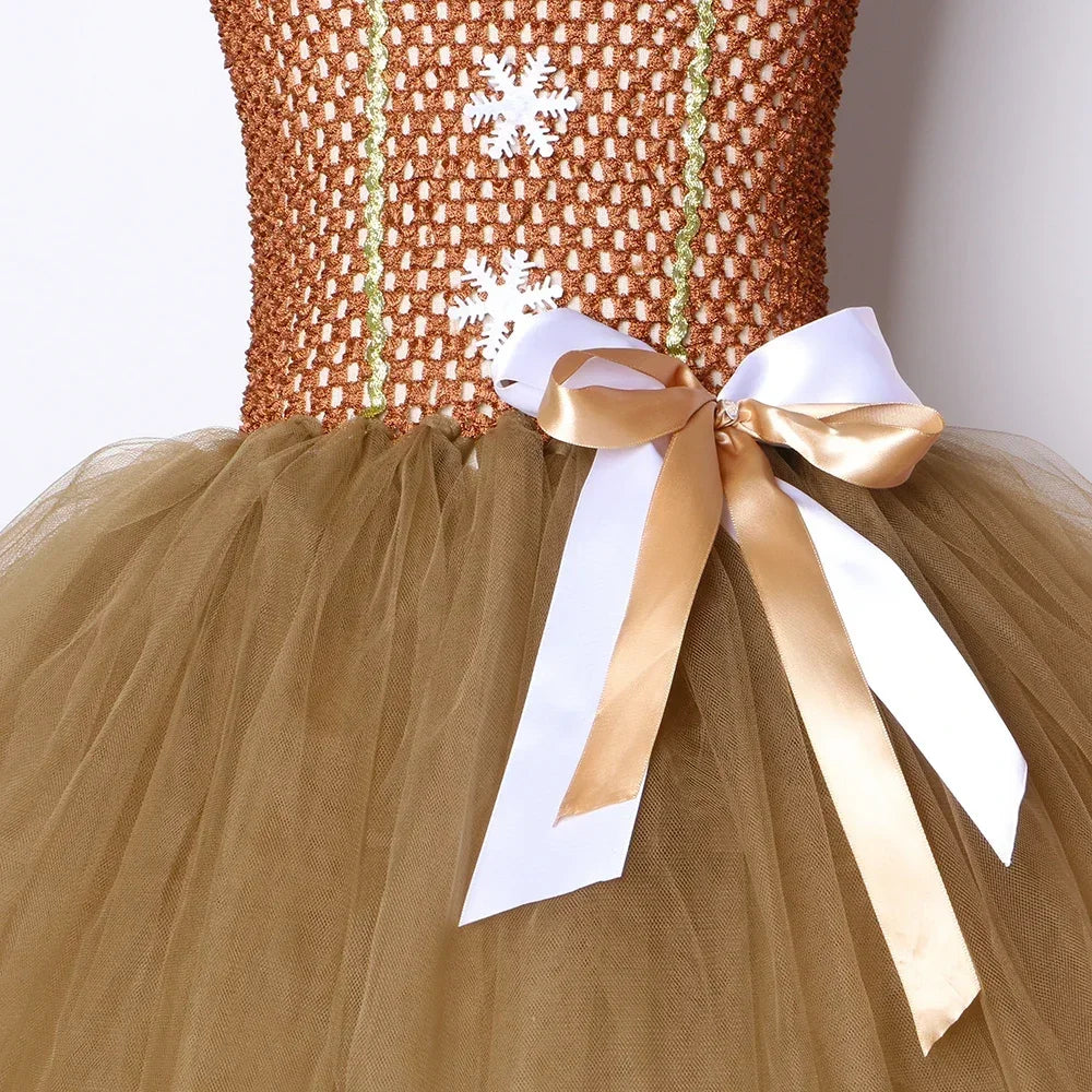 HJTT Girls' Gingerbread Man Christmas Costume Dress, Brown Tulle Tutu Outfit for Kids, Cute Xmas Carnival Party Dress-Up Clothes for Holiday Celebrations and Cosplay