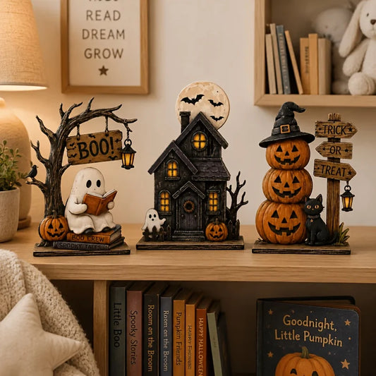 6/3PCS Vintage Halloween Wooden Decorations – Random Assorted Ghost, Black Cat & Pumpkin Blocks for Shelf, Table & Indoor Autumn Decor