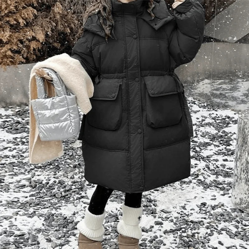 Kids’ Long Hooded Winter Coat – Warm Cotton-Padded Jacket for Baby Boys, Girls & Teens, Solid Color Outerwear Ages 5–16