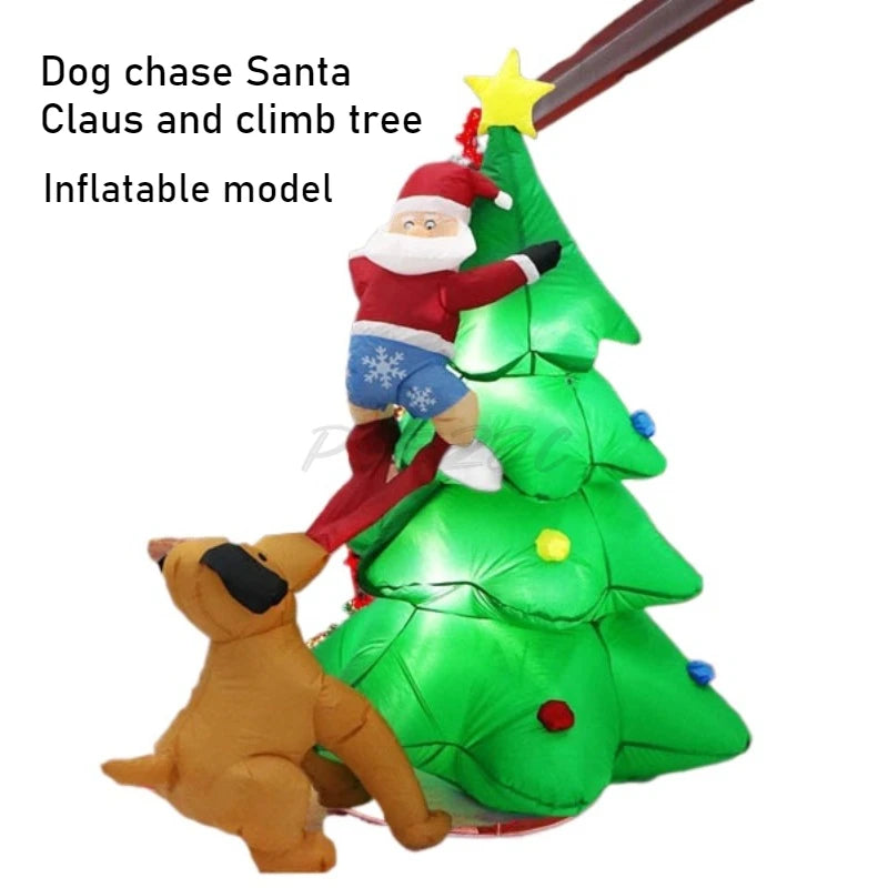 1.8M Inflatable Christmas Decoration – Dog Chasing Santa Claus on Tree Climbing Scene with Lights for Xmas Home & Party Decor
