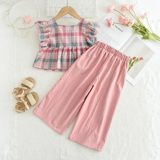 Conjunto de dos piezas a cuadros rosas para niñas – Top de cuello cuadrado y pantalones de pierna ancha, ropa de verano para niños de 3 a 10 años