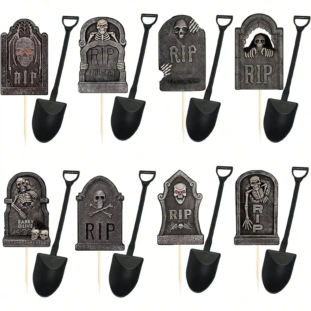 Multi-Piece Halloween Cupcake Toppers – Tombstone & Graveyard Cake Decorations with Novelty Mini Shovel Spoons for Halloween Parties