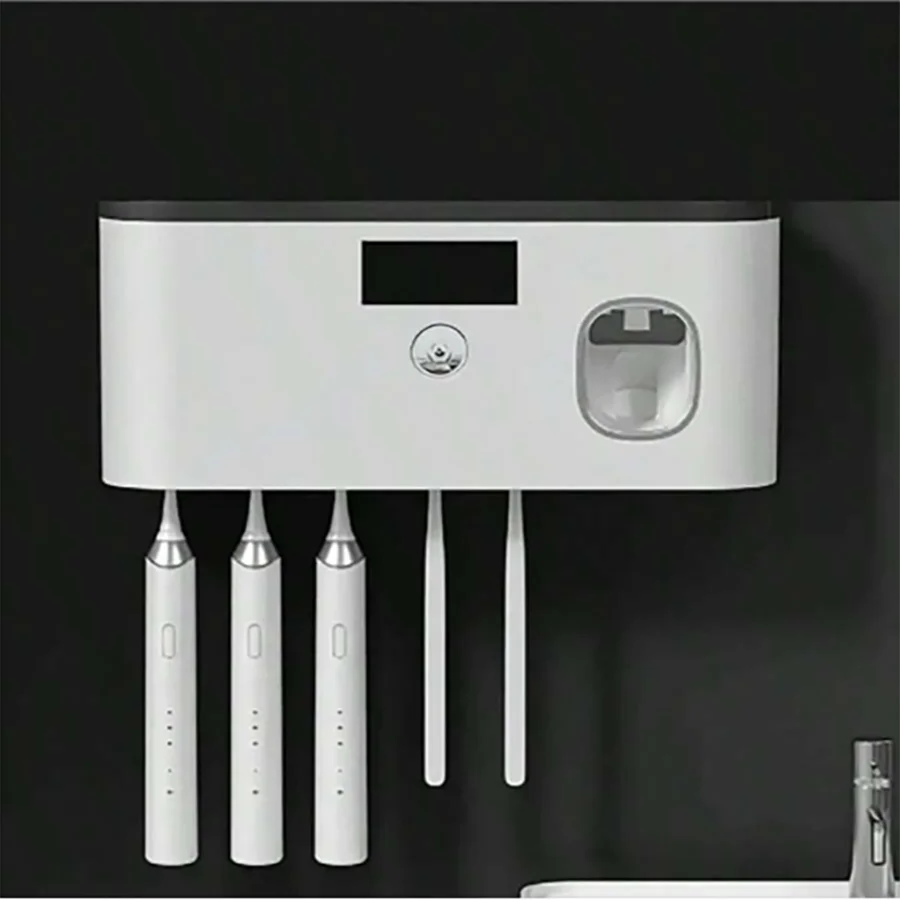 Wall-Mounted Smart Toothbrush Holder – 5-Slot Toothbrush Sterilizer with Integrated Toothpaste Dispenser, Bathroom Storage Rack & Organizer