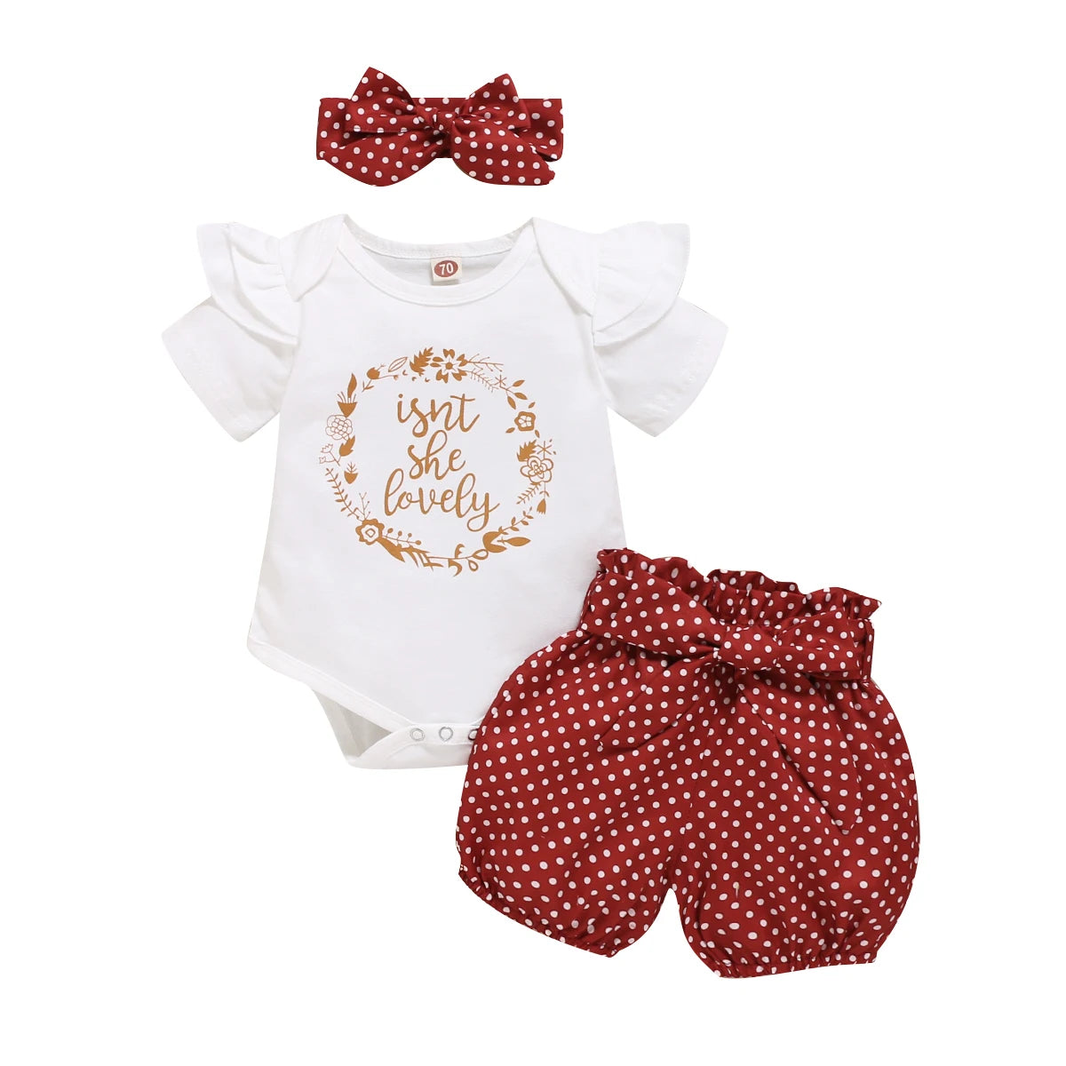Baby Girl 3PCS Summer Outfit Set – Short Sleeve Bodysuit, Polka Dot Shorts & Headband for Infants