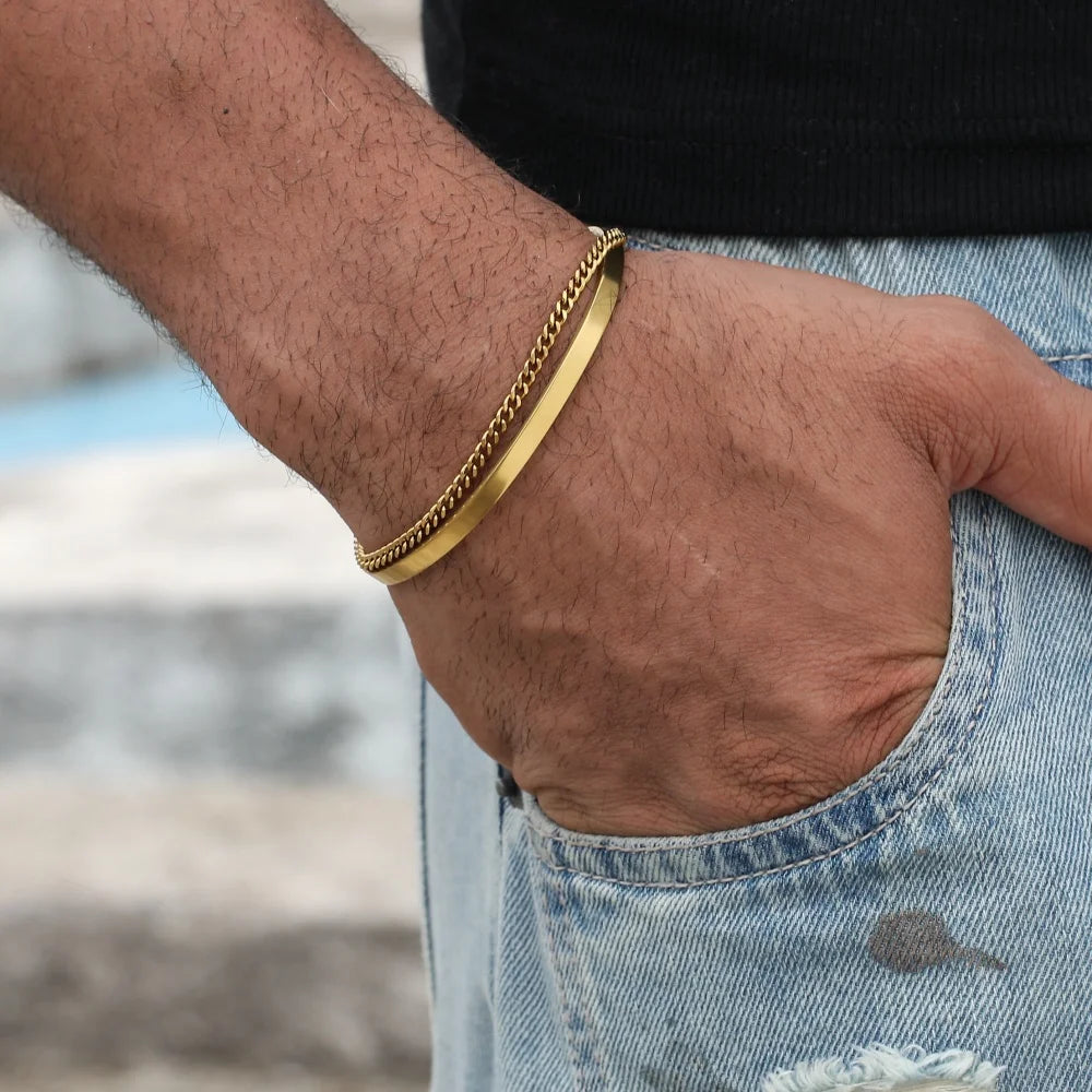 Pulsera de cadena cubana de acero inoxidable de 3 mm - Pulsera de puño abierto ajustable para hombres | Accesorio de joyería de moda urbana hip hop
