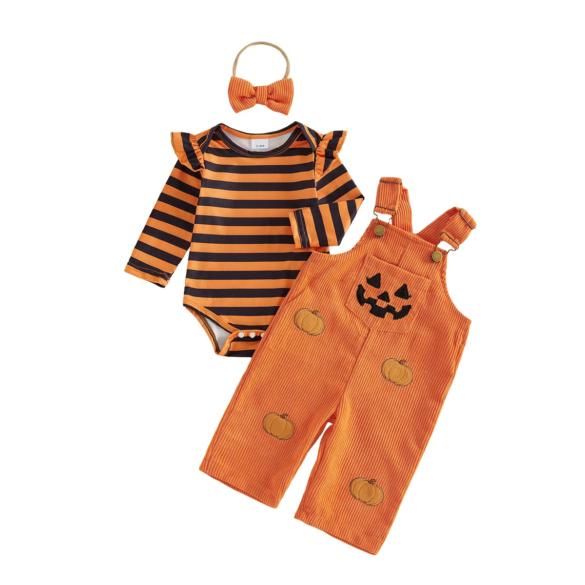 Toddler Girls 3-Piece Halloween Outfit – Long-Sleeve Striped Romper with Pumpkin & Ghost Embroidery, Overalls & Bow Headband